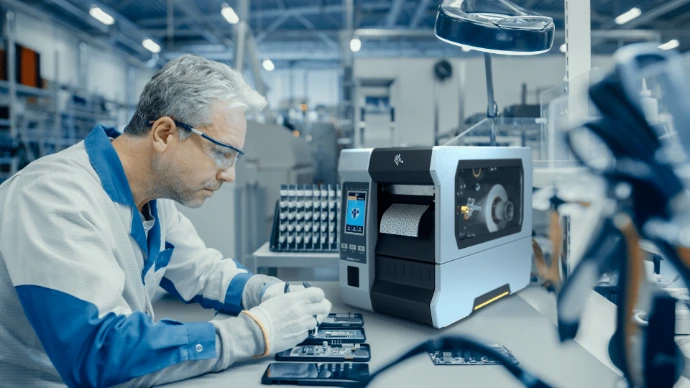 Imprimante d’étiquettes code-barres utilisée en environnement industriel pour impression et gestion de production